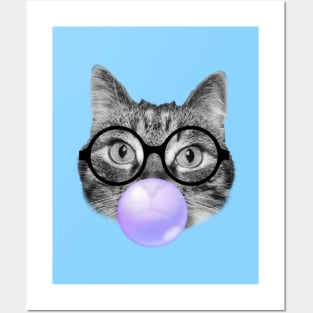 Hipster cat and a purple bubble gum Posters and Art